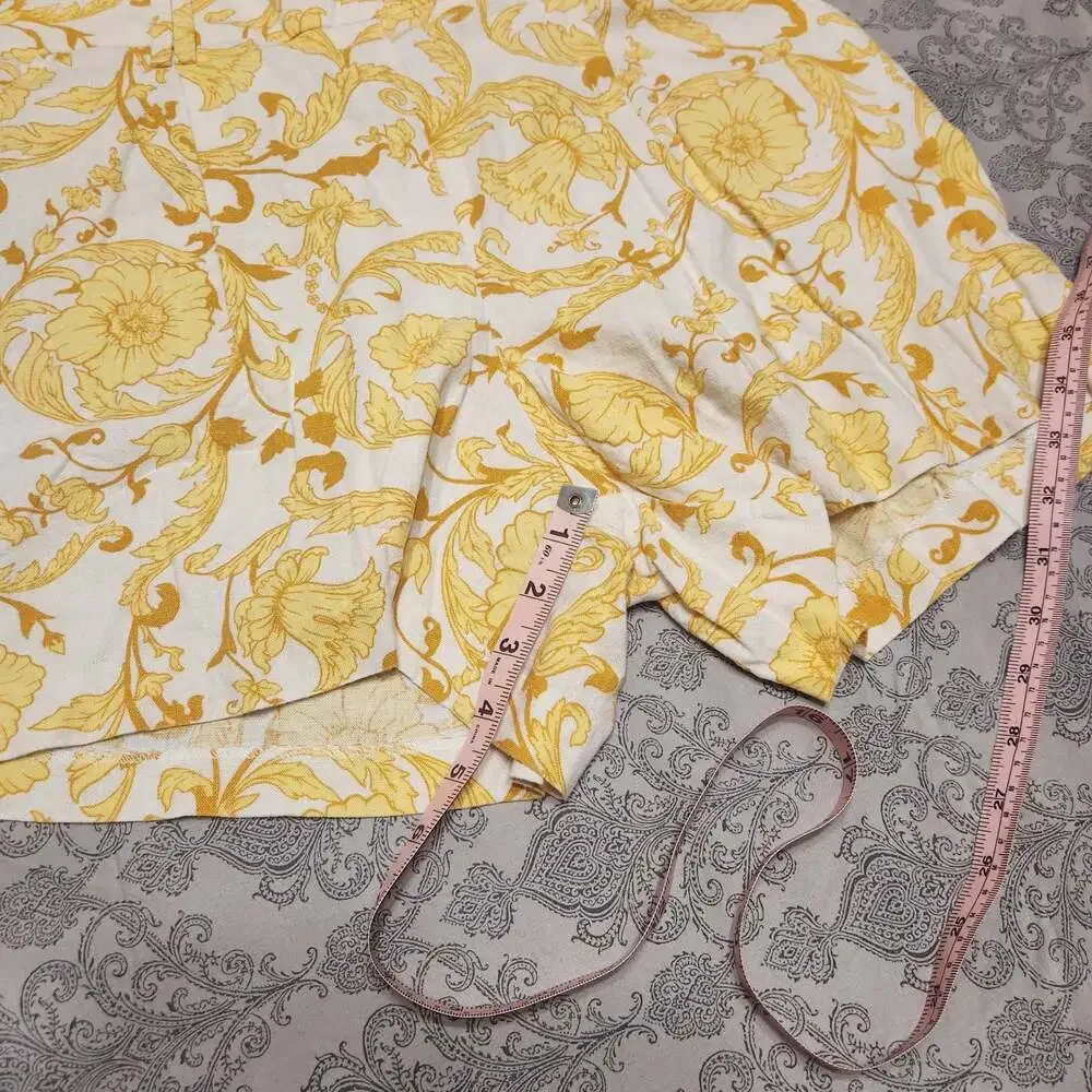 Yellow White Floral Baroque Print Linen Blend Shorts Size US 8